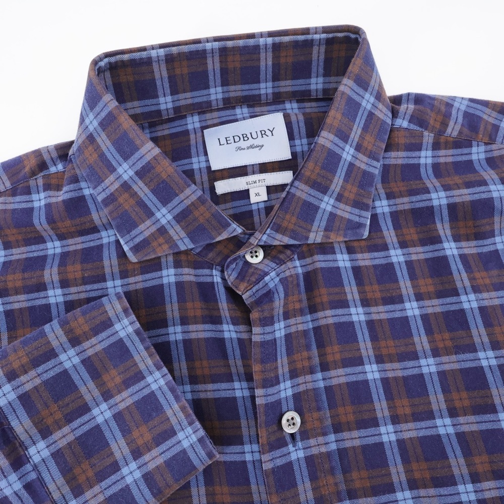 Ledbury Slim Fit Plaid Button Down Blue Brown Long‎ Sleeve Mens XL Shirt